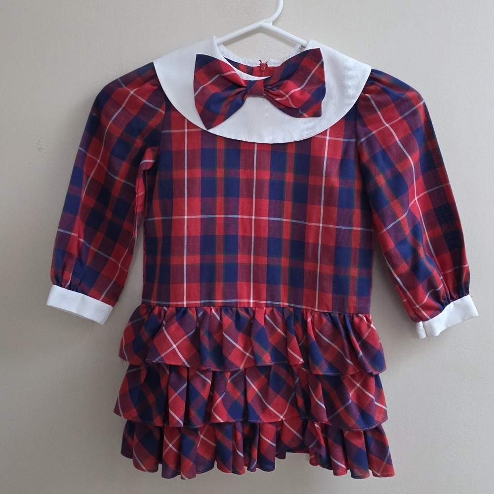 Vintage Bonnie Jean Red Blue Plaid Ruffle Dress Bow Collar Sz 5